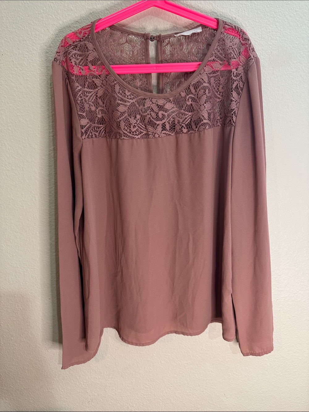 Kaii Lace Yoke Long Sleeve Blouse - Mauve Pink